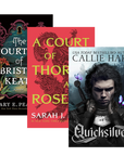 Three book covers arranged overlapping on a plain white background: 'The Court of Bristol Keats' by Mary E. Pearson, 'A Court of Thorns and a Rose' by Sarah J. Maas, 'Quicksilver' by Callie Hart.