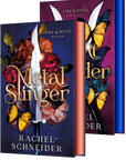 Book bundle of 'Fire & Metal' by Rachel Schneider, featuring Book One 'Metal Slinger' in a dark blue cover with roses and a sword, and Metal Slinger in a purple cover with butterflies and a dagger, shown as two standing books on embervale.ca