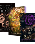 Three paperback book covers arranged overlapping on a white background: 'Once Upon a Broken Heart' by Stephanie Garber, 'Never the Roses' by Jennifer K. Lambert, and 'The Spellshop' by Sarah Beth Durst.