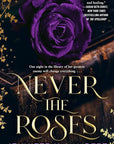 Cover image of 'Never the Roses' by Jennifer K. Lambert featuring a purple rose on an old leather-bound book with golden vines all around, on embervale.ca