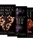 Three paperback book covers from The Once Upon a Broken Heart Series by Stephanie Garber fanned out against Embervale's background.
