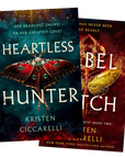 Two book covers for Kristen Ciccarelli's 'Heartless Hunter' series, featuring a dark teal and red background with a large jeweled moth illustration and white title text on embervale.ca