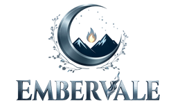 Logo of Embervale with a mountain, moon, and flame design on a white background