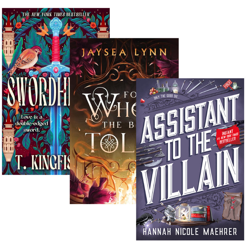 Three fantasy book covers arranged overlapping: T. Kingfisher's Swordheart, Jaysea Lynn's 'For Whom the Belle Tolls', and Hannah Nicole Maehrer's Assistant to the Villain on embervale.ca