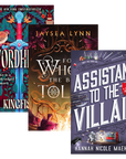 Three fantasy book covers arranged overlapping: T. Kingfisher's Swordheart, Jaysea Lynn's 'For Whom the Belle Tolls', and Hannah Nicole Maehrer's Assistant to the Villain on embervale.ca