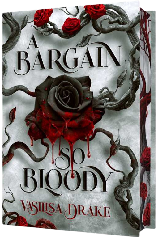 Book cover of 'A Bargain So Bloody' with a dark rose and red roses on a gray background on embervale.ca