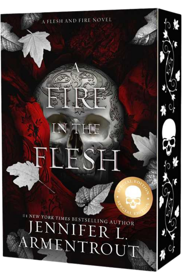 Book cover of 'A Fire in the Flesh' by Jennifer L. Armentrout with skull and leaf design on embervale.ca