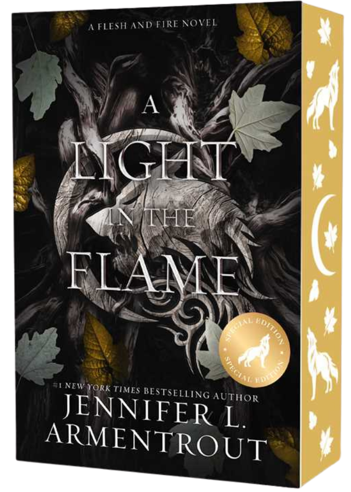 Book cover of 'A Light in the Flame' by Jennifer L. Armentrout with dark and gold design elements on embervale.ca