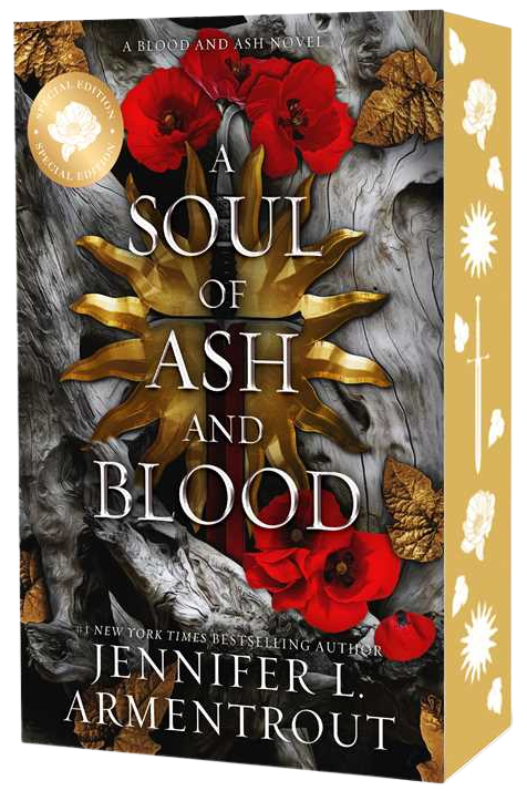 Book cover of 'A Soul of Ash and Blood' by Jennifer L. Armentrout with gold and red design elements on embervale.ca