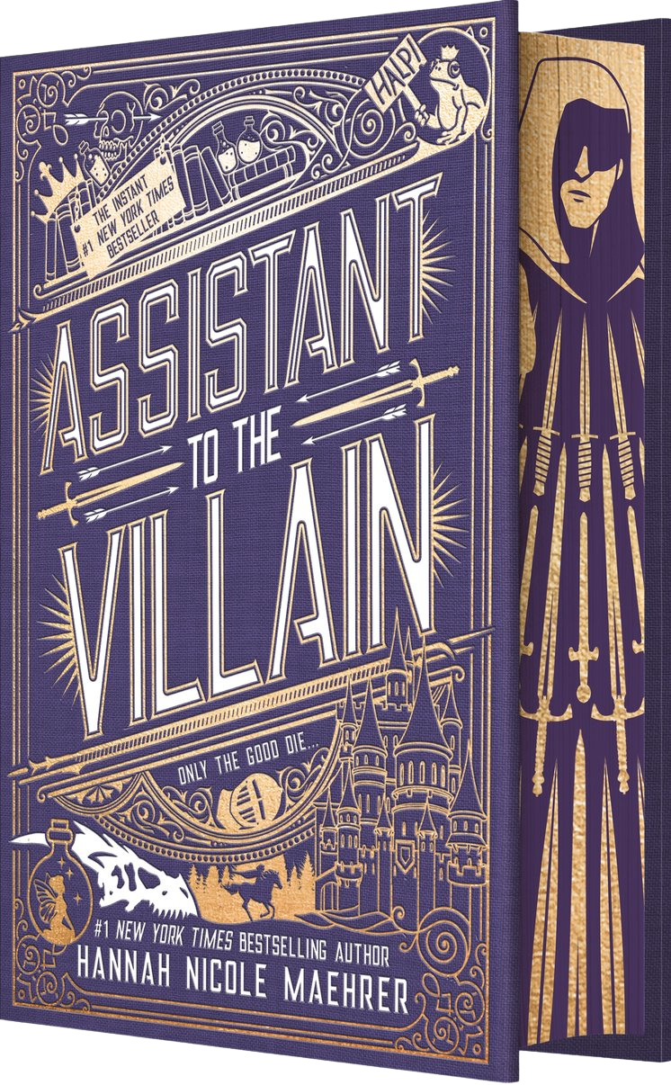 Book cover of 'Assistant to the Villain' by Hannah Nicole Maehrer with decorative design elements. embervale.ca
