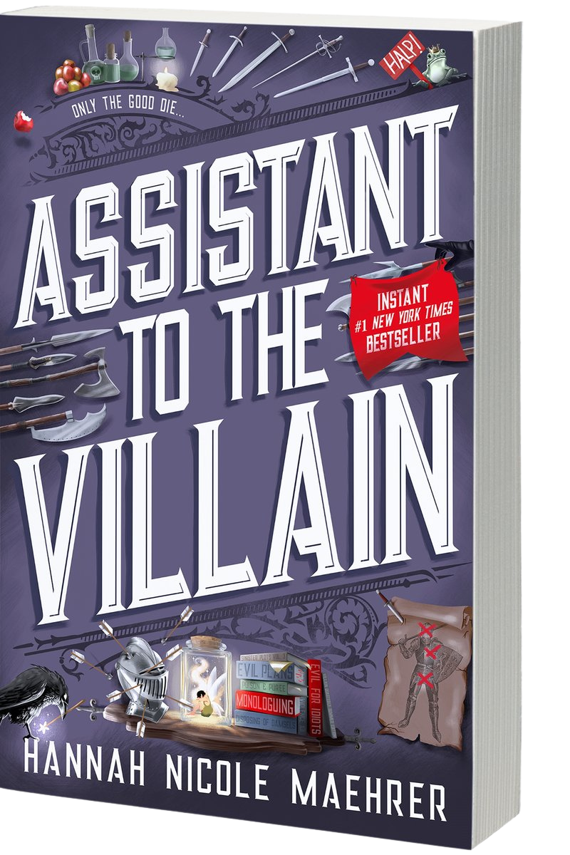 Book cover of 'Assistant to the Villain' by Hannah Nicole Maehrer with a purple background and various objects on embervale.ca
