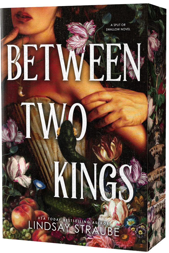Book cover of 'Between Two Kings' by Lindsay Straube with artistic depiction and floral elements on embervale.ca