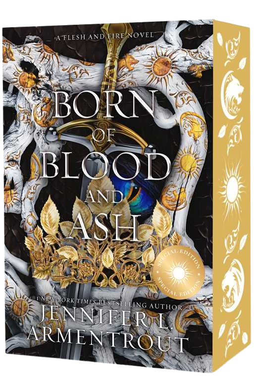 Book box for 'Born of Blood and Ash' by Jennieryd Armentrout, featuring ornate black, gold, and white illustrated artwork with a gold foil seal on the front and a gold side panel on embervale.ca