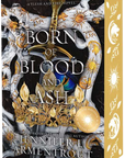 Book box for 'Born of Blood and Ash' by Jennieryd Armentrout, featuring ornate black, gold, and white illustrated artwork with a gold foil seal on the front and a gold side panel on embervale.ca