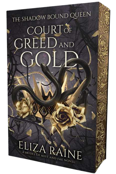 Book cover of 'Court of Greed and Gold' by Eliza Raine with dark and gold design elements. embervale.ca
