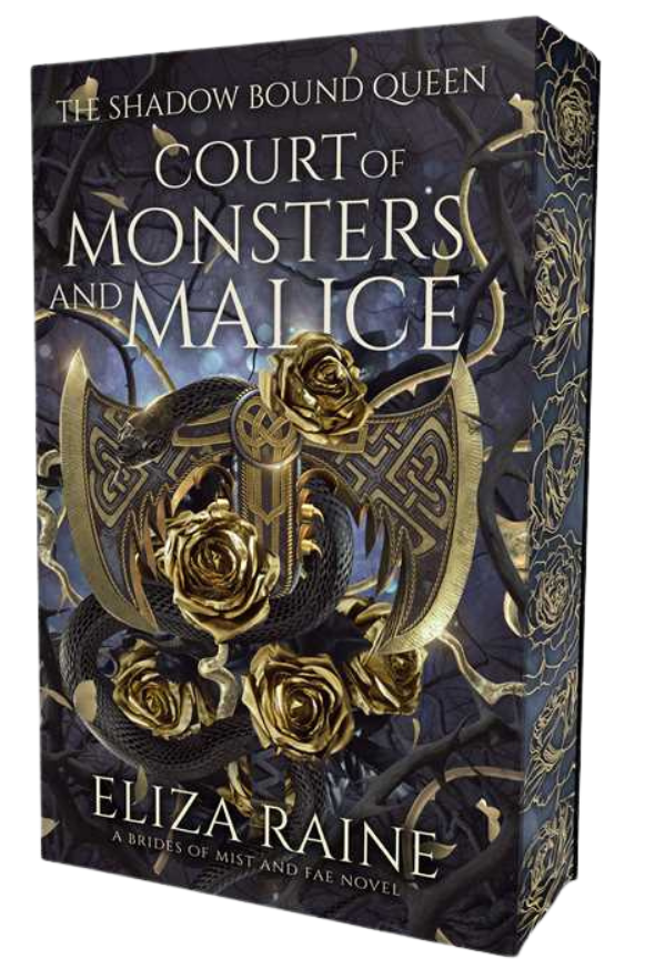 Book titled 'The Shadow Bound Queen: Court of Monsters and Malice' by Eliza Raine with decorative cover design on embervale.ca