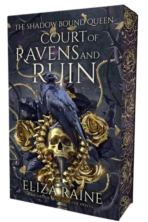 Book cover of 'Court of Ravens and Ruin' by Eliza Raine with crows, roses, and a skull design on embervale.ca
