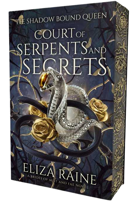 Book cover of 'Court of Serpents and Secrets' by Eliza Raine with a snake and rose design on embervale.ca