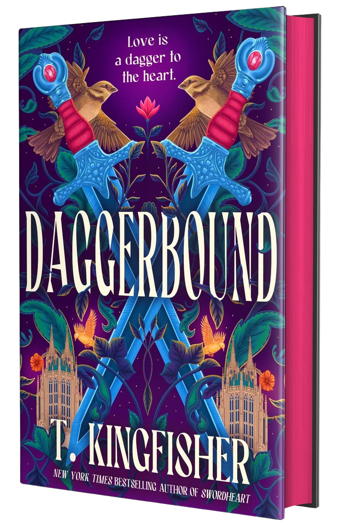 Book cover of 'Daggerbound' by T. Kingfisher with colorful design and text on embervale.ca