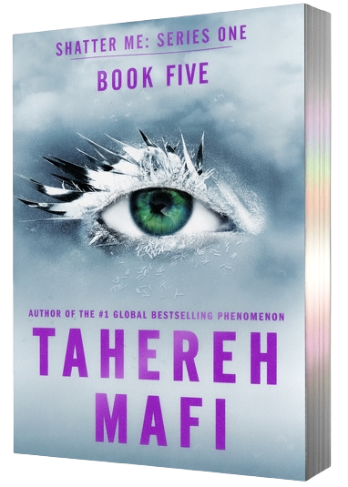 Book cover for 'Shatter Me: Series One Book Five' by Tahereh Mafi, featuring a dramatic green eye breaking through cracked glass with purple title text on a light blue-gray background on embervale.ca
