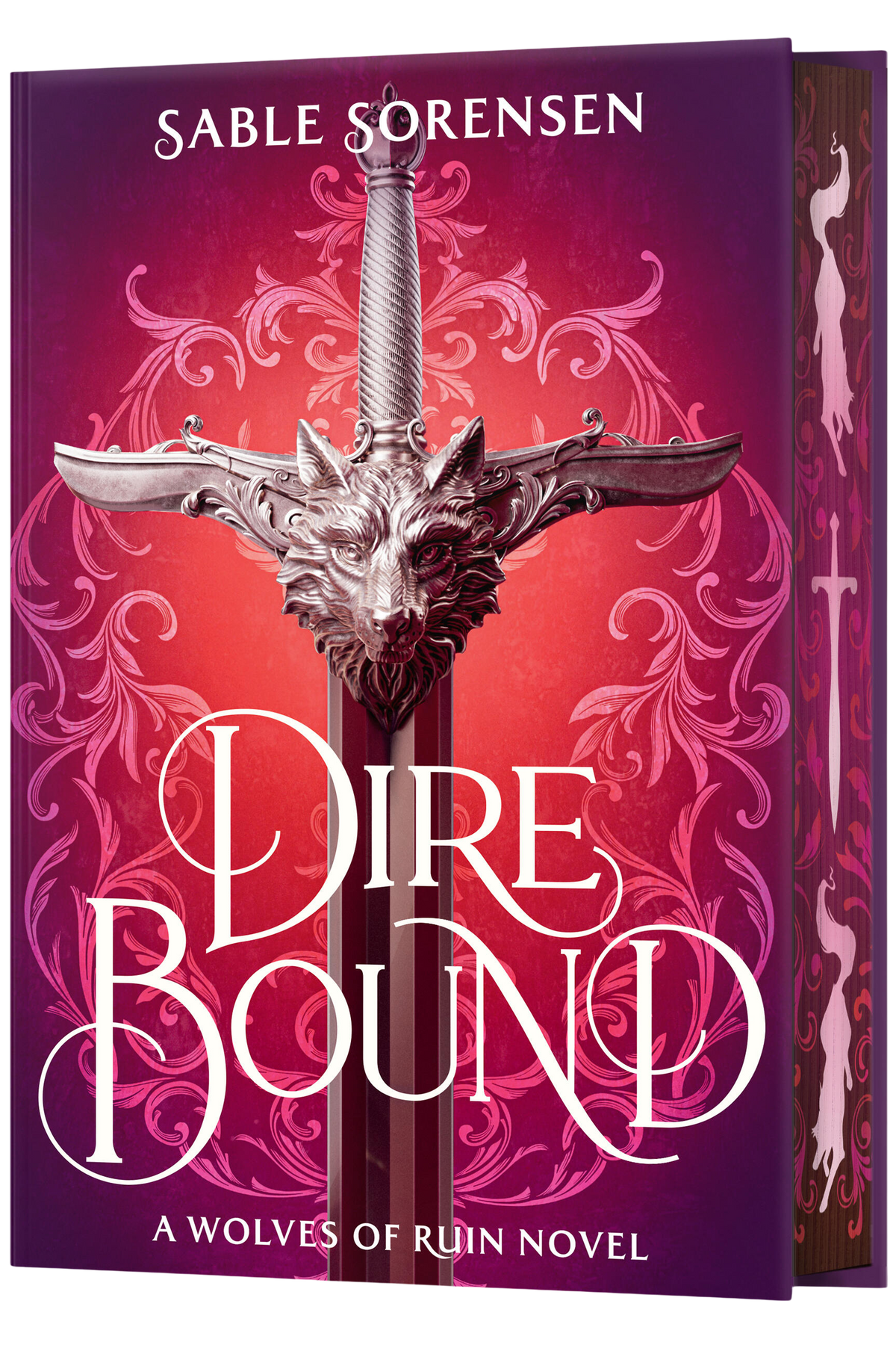 Book cover of 'Dire Bound' by Sable Sorensen with a sword and wolf design on a red and purple background on embervale.ca