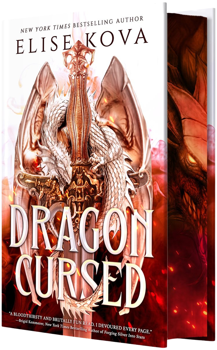Book cover of 'Dragon Cursed' by Elise Kova with dragons and fiery design on embervale.ca