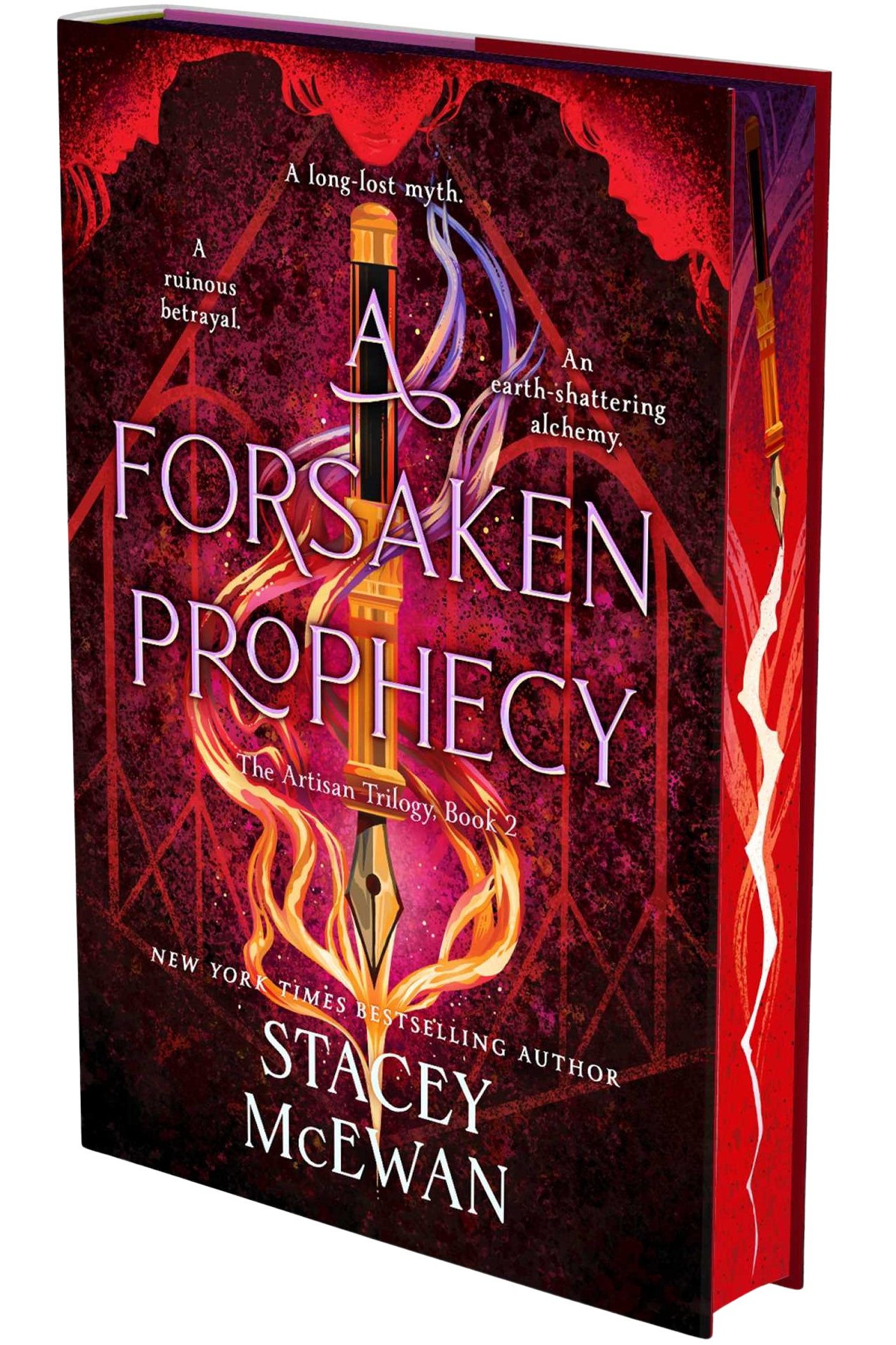 Book cover of 'A Forsaken Prophecy' by Stacey McEwan with a red and purple design on embervale.ca