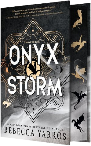 Book cover of 'Onyx Storm' by Rebecca Yarros with dragon illustrations on a dark background on embervale.ca