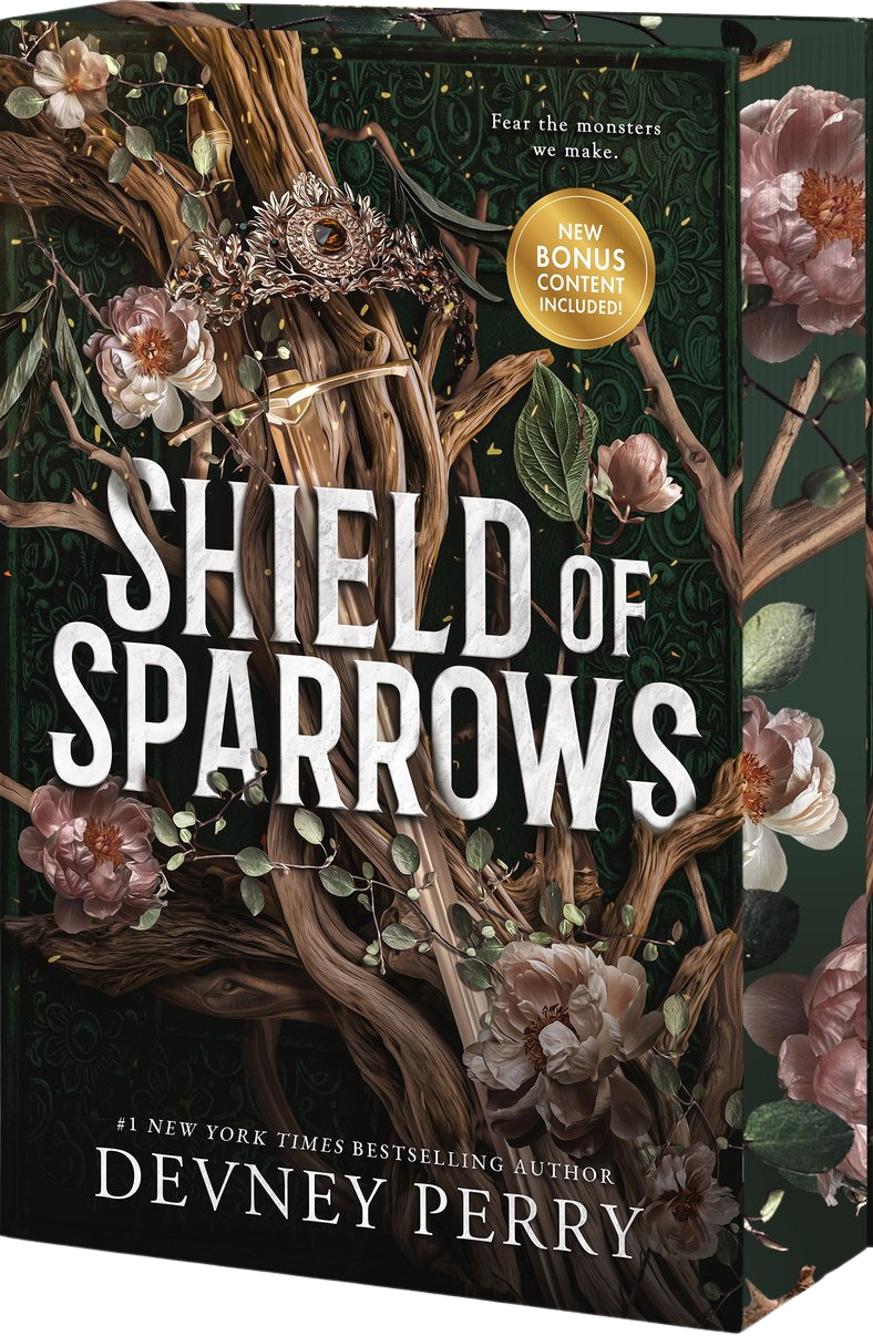 Book cover of 'Shield of Sparrows' with decorative elements and author's name on embervale.ca