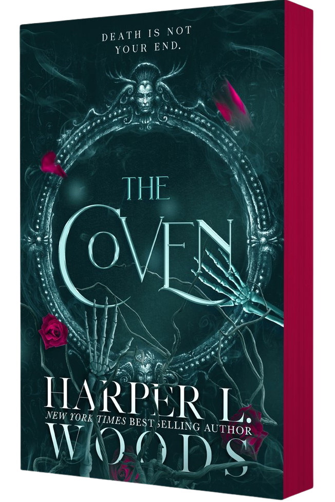 Book cover of 'The Coven' by Harper L. Woods with dark and eerie design on embervale.ca