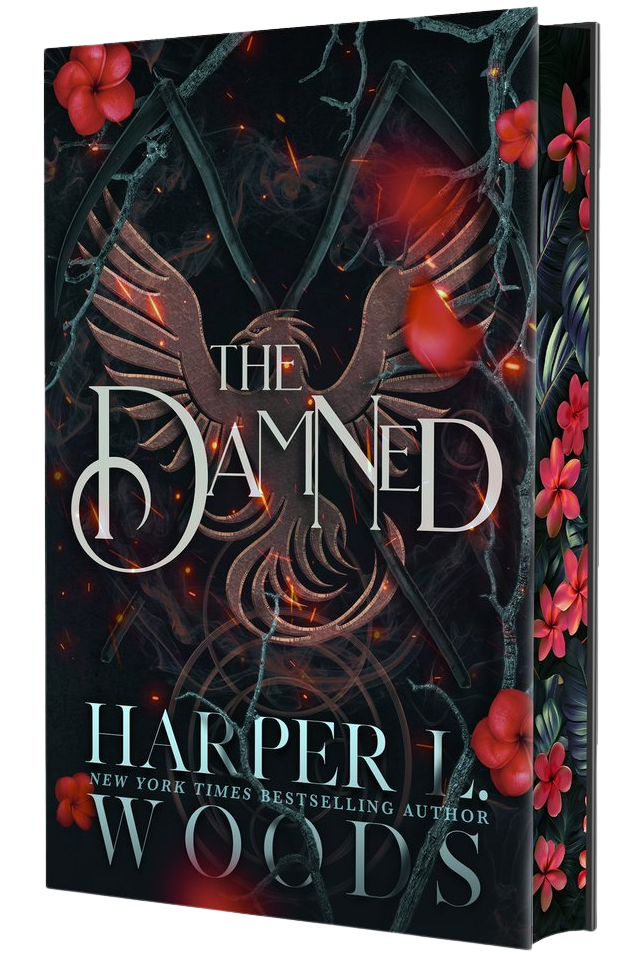 Book cover of 'The Damned' by Harper L. Woods with dark design and red flowers on embervale.ca.