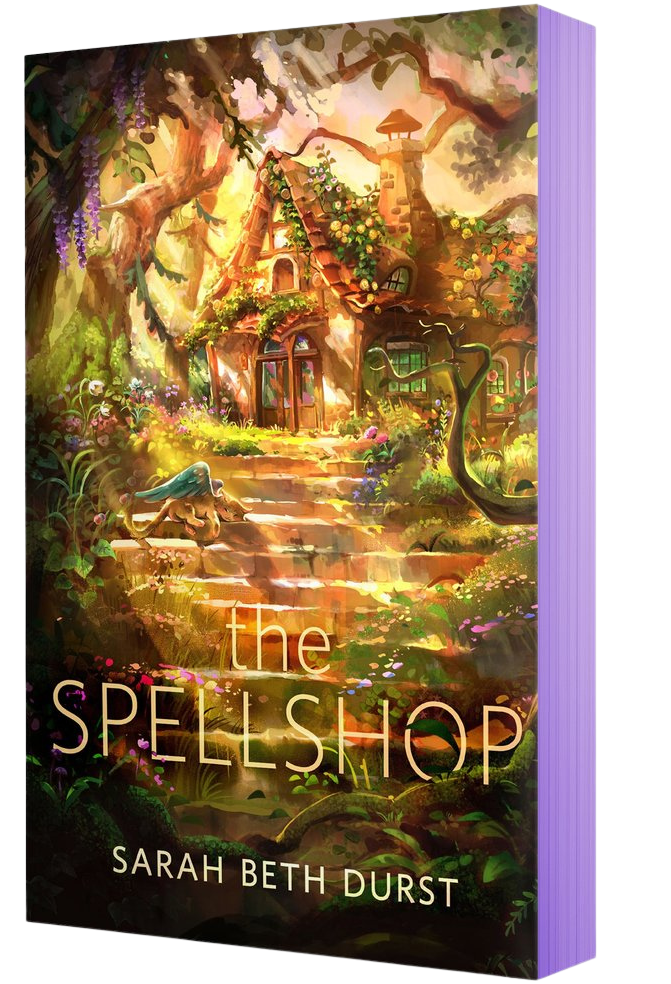 Book cover of 'The Spellshop' by Sarah Beth Durst with a fantasy scene on embervale.ca