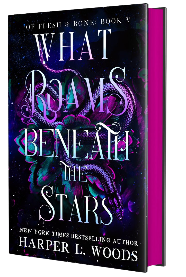 Book cover of 'What Roams Beneath the Stars' with a dragon design on a black background
