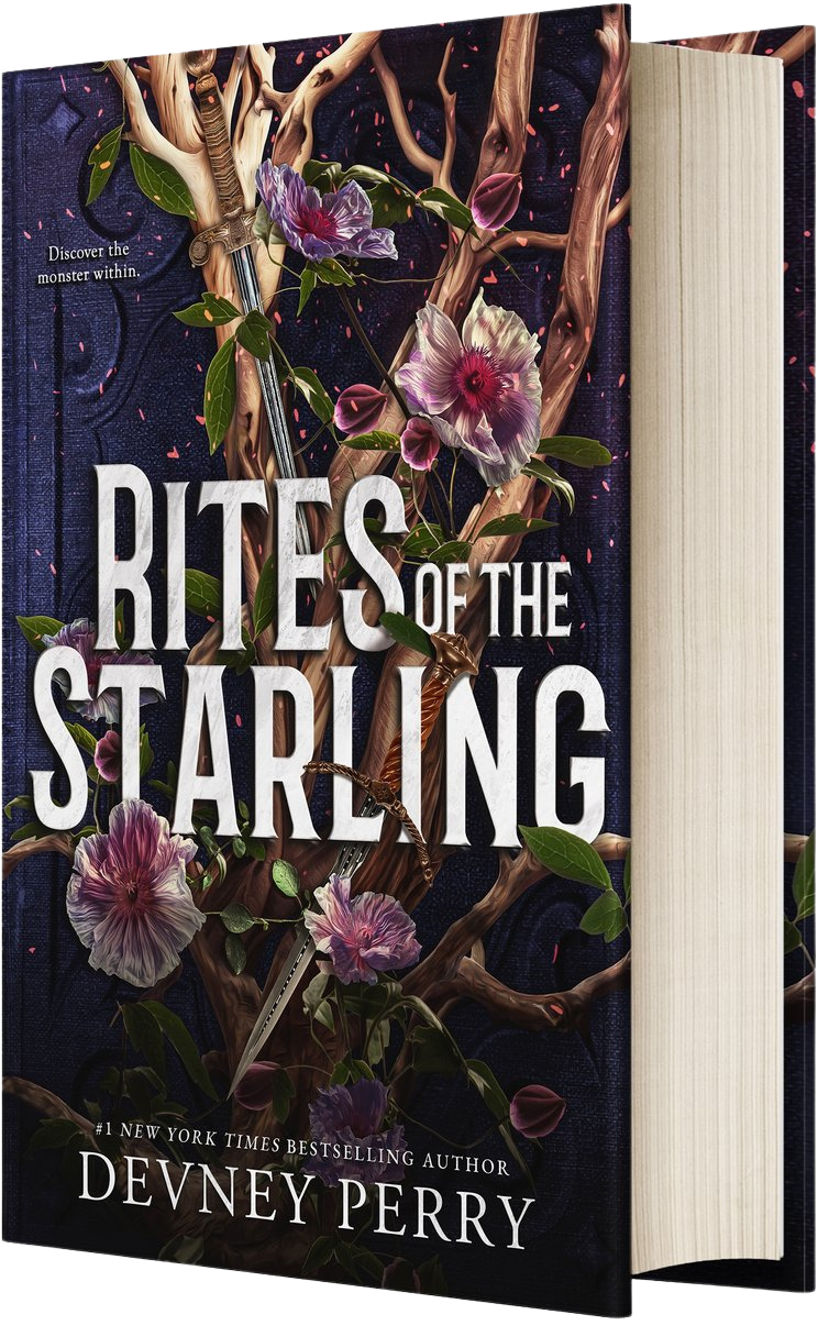 Book cover of 'Rites of the Starling' with floral and antler design on a dark background on embervale.ca