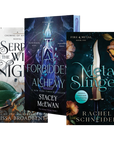 Three fantasy book covers arranged together on a black background: 'The Serpent and the Wings of Night' by Carissa Broadbent, 'A Forbidden Alchemy' by Stacey McEwan, and 'Metal Slinger' by Rachel Schneider.