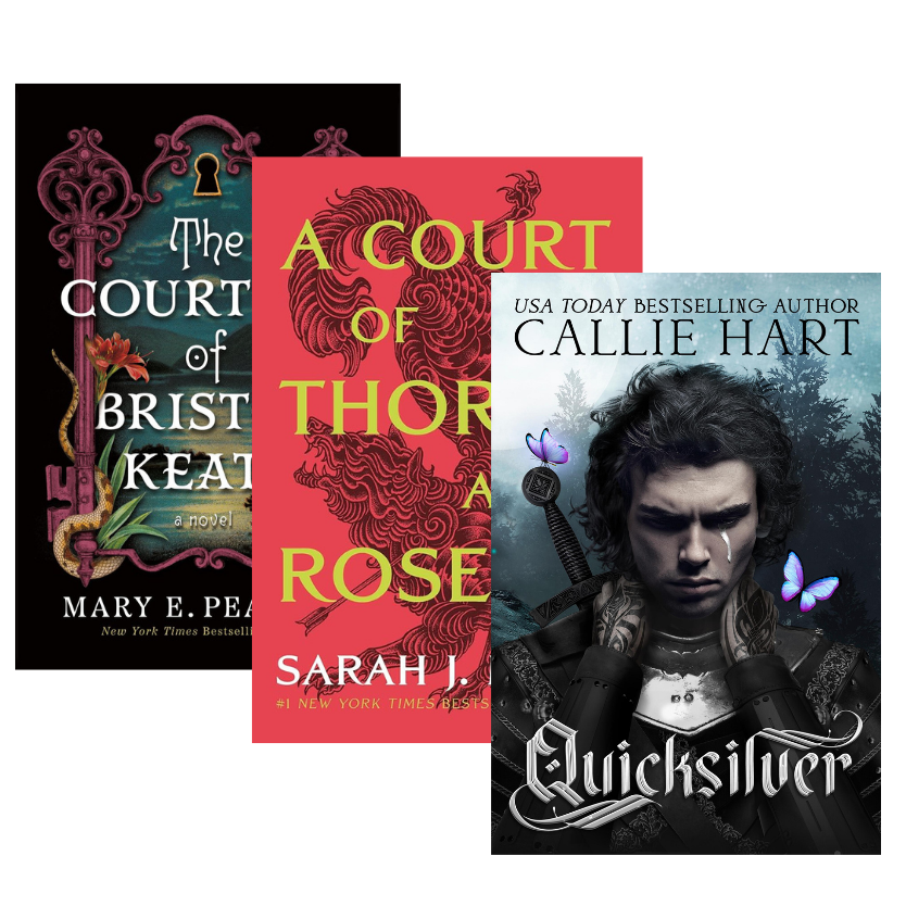 Three book covers arranged overlapping on a plain white background: 'The Court of Bristol Keats' by Mary E. Pearson, 'A Court of Thorns and a Rose' by Sarah J. Maas, 'Quicksilver' by Callie Hart.