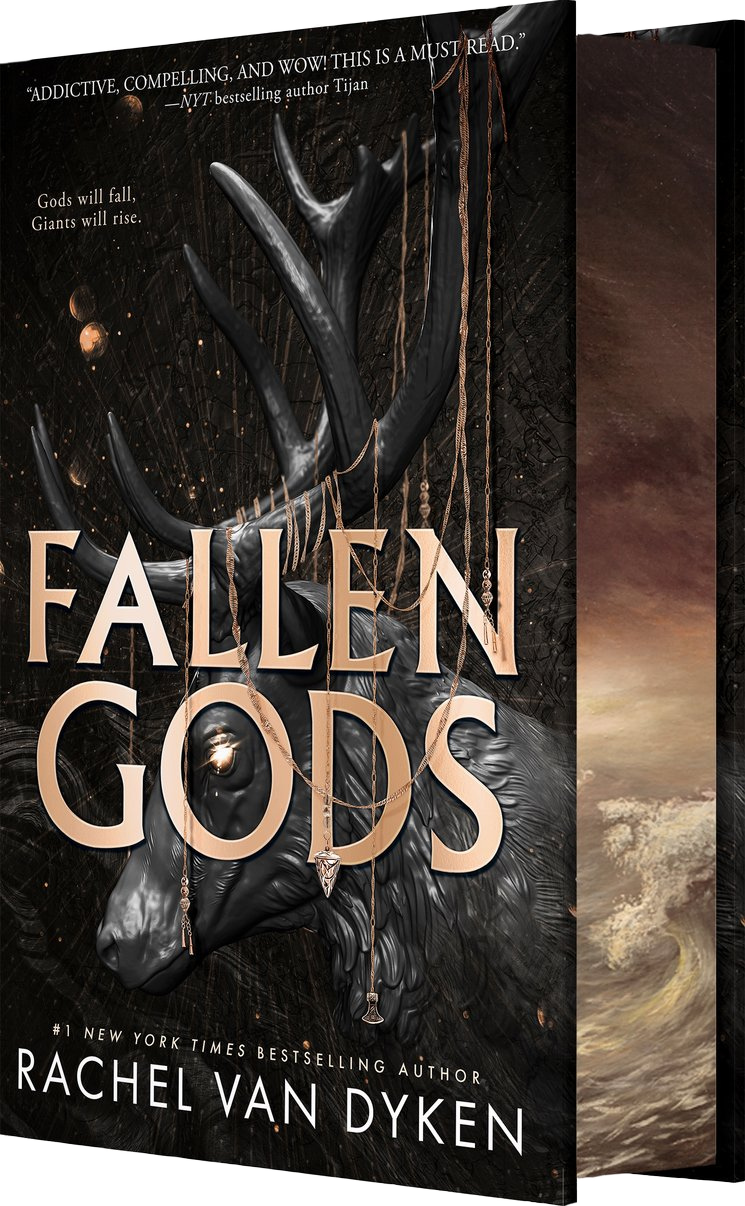 Book titled 'Fallen Gods' by Rachel Van Dyken with a dark cover and metallic title on embervale.ca