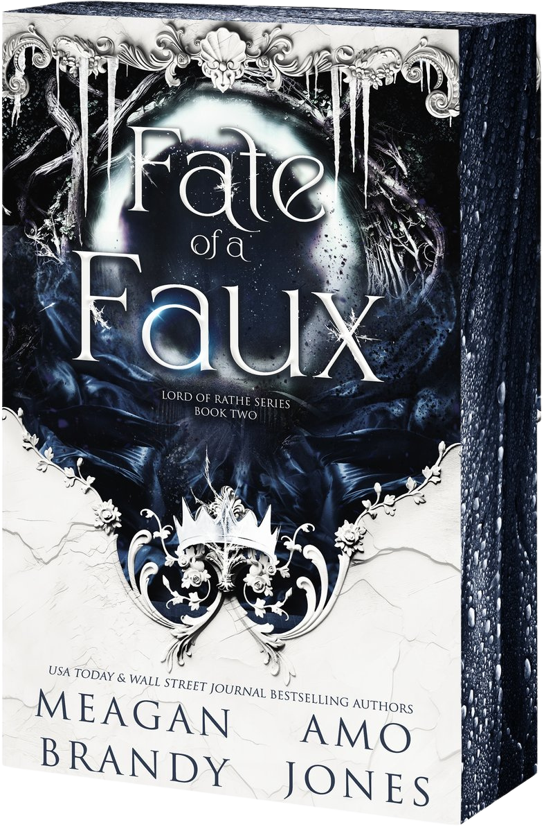 The book box for 'Fate of a Faux' by Meagan Brandy and Amo Jones, featuring a dark blue and white gothic fantasy illustration with ornate silver filigree and cracked white stone textures on embervale.ca