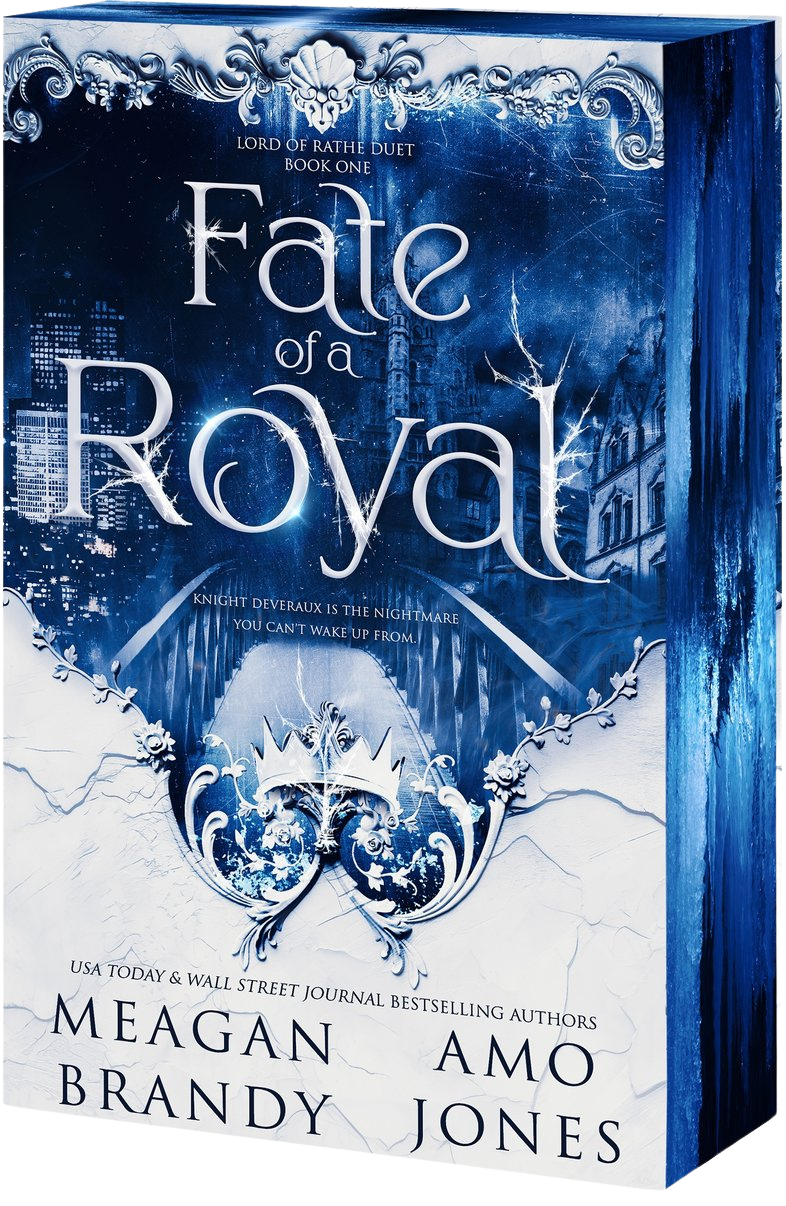 Book cover of 'Fate of a Royal' by Meagan Brandy and Amo Jones with blue and white design on embervale.ca