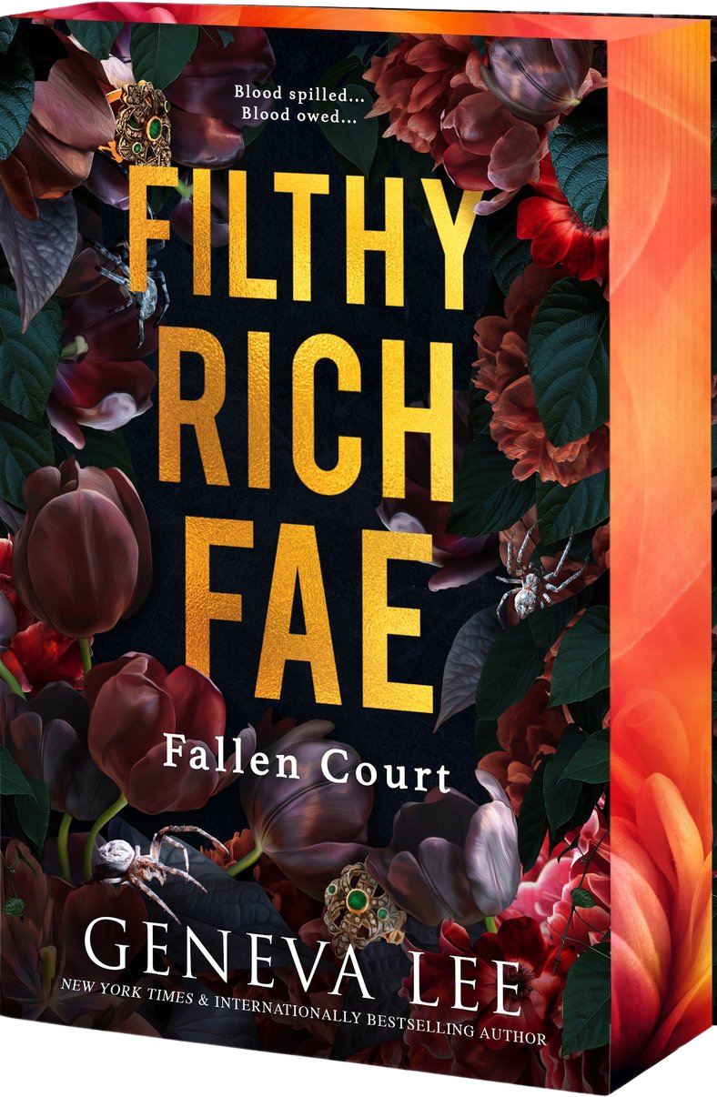 Book cover of 'Filthy Rich Fae: Fallen Court' by Geneva Lee with floral design and gold text on embervale.ca