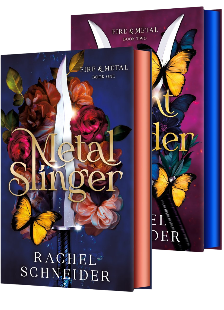 Book bundle of 'Fire & Metal' by Rachel Schneider, featuring Book One 'Metal Slinger' in a dark blue cover with roses and a sword, and Metal Slinger in a purple cover with butterflies and a dagger, shown as two standing books on embervale.ca