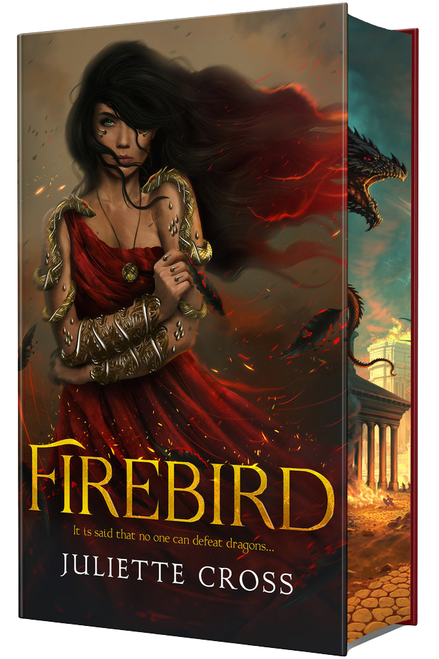 Book cover of 'Firebird' by Juliette Cross with a woman in a red dress and dragon illustration on embervale.ca