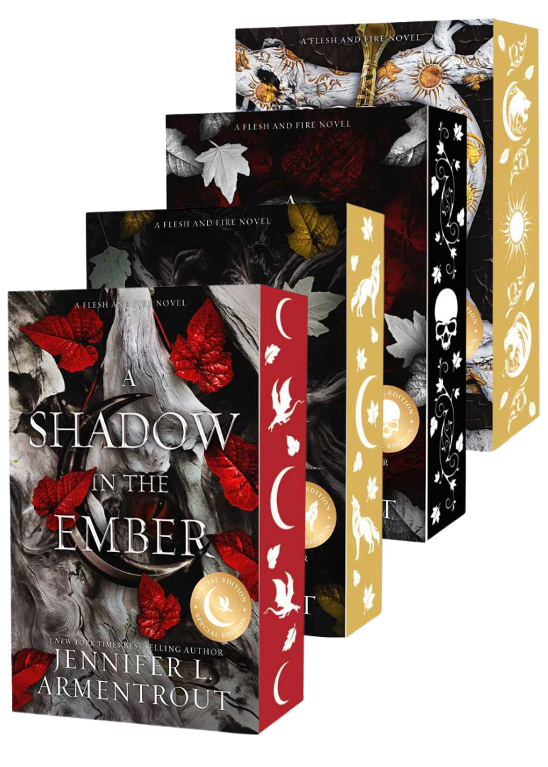 Four book volumes from Jennifer L. Armentrout's 'Flesh and Firel' series, including A Shadow in the Ember, A Light in the Flame, A Fire in the Flesh, and Born of Ash and Blood arranged in a staircare layout on embervale.ca.