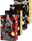 Four book volumes from Jennifer L. Armentrout's 'Flesh and Firel' series, including A Shadow in the Ember, A Light in the Flame, A Fire in the Flesh, and Born of Ash and Blood arranged in a staircare layout on embervale.ca.