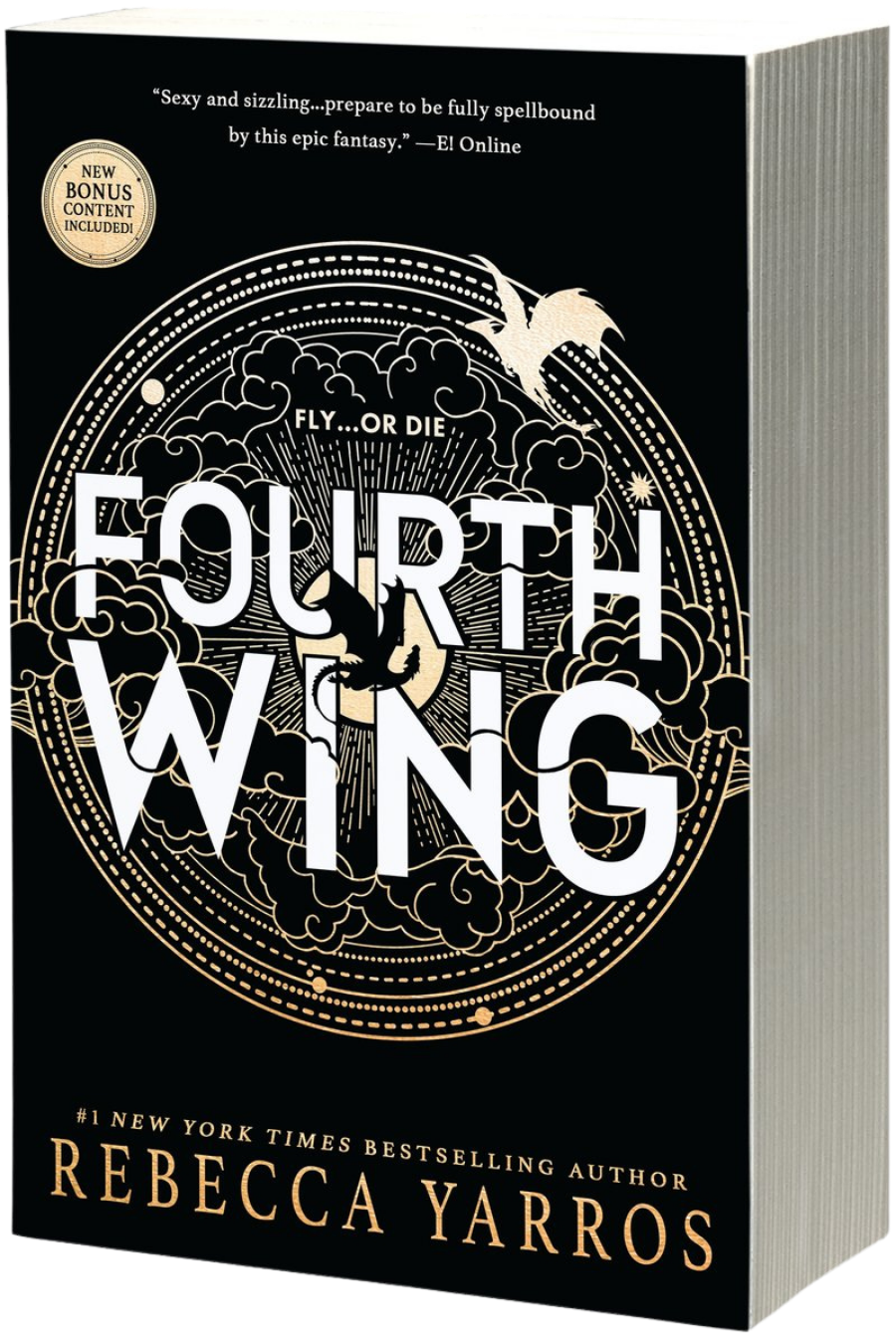 A paperback edition of the fantasy novel 'Fourth Wing' by Rebecca Yarros, featuring a black cover with ornate gold illustrations and large white title text on embervale.ca