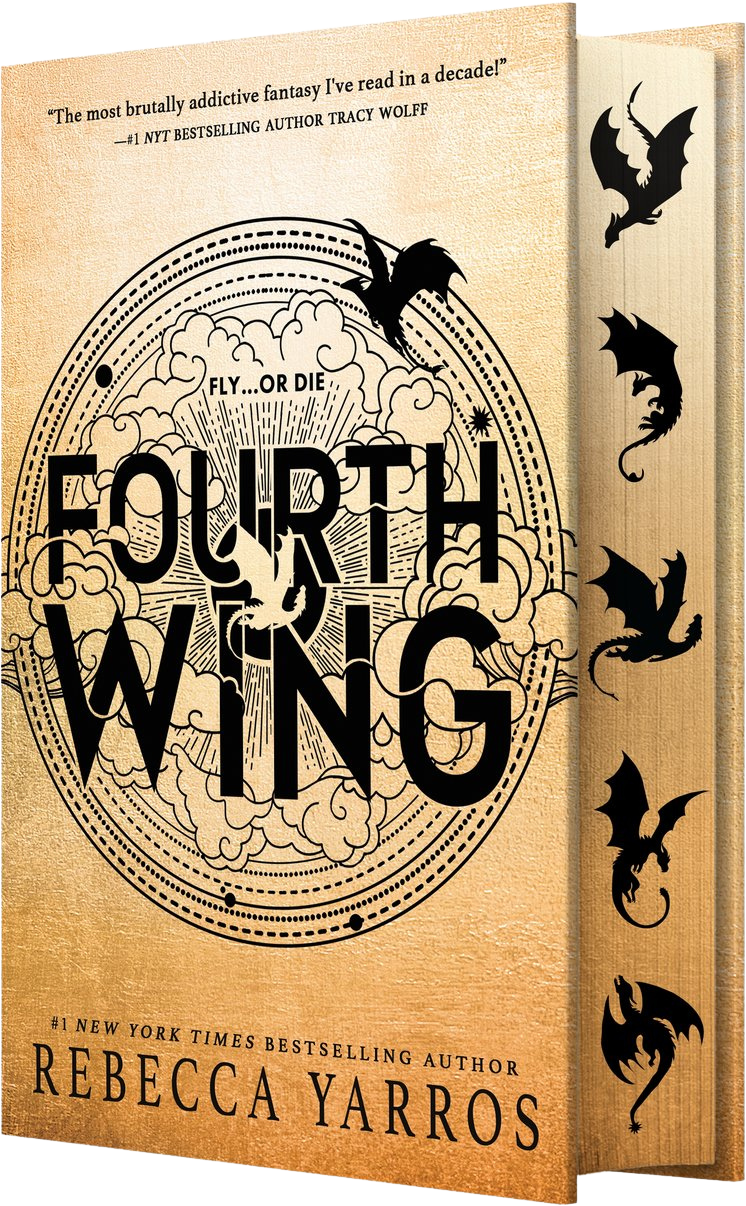 Book cover of 'Fourth Wing' with dragon illustrations and wooden texture on embervale.ca