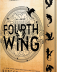 Book cover of 'Fourth Wing' with dragon illustrations and wooden texture on embervale.ca