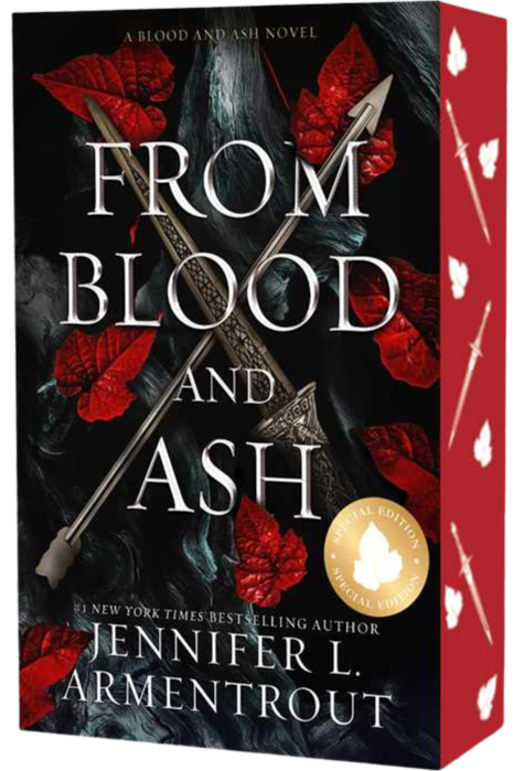 Book cover of 'From Blood and Ash' by Jennifer L. Armentrout with a dark theme and red leaves on embervale.ca