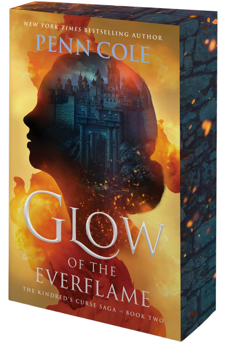 Book cover of 'Glow of the Everflame' by Penn Cole with a silhouette and fiery design on embervale.ca
