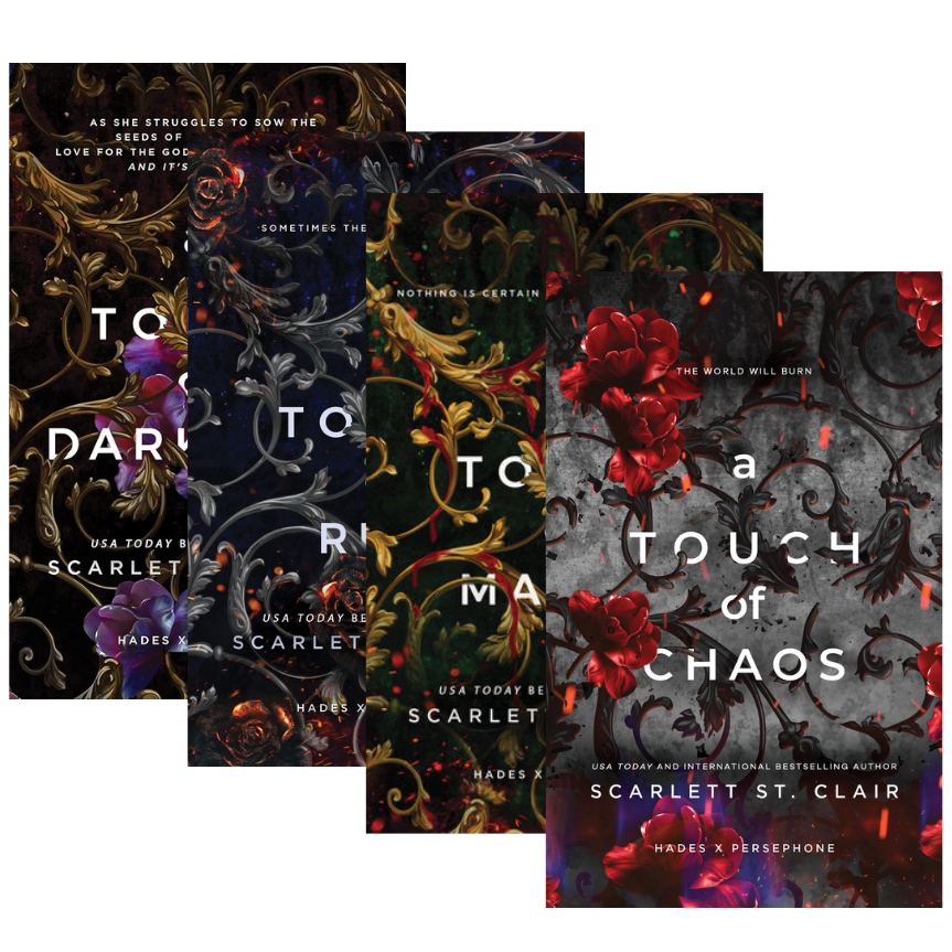 Three paperback books from the Hades X Persephone series by Scarlett St. Clair are fanned out against a solid Embervale background.